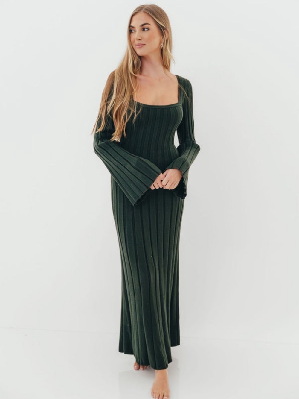 Ribbed Square-Neck Maxi Dress in Forest Green